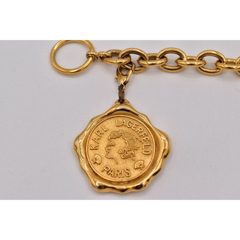 Karl Lagerfeld Vintage Logo Charm Bracelet Seal Medallion Paris Gold Runway Bin5 - Picture 3 of 12